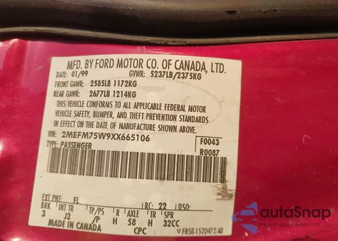 1999 Mercury Grand Marquis Ls from USA, damaged, VIN 2MEFM75W9XX665106